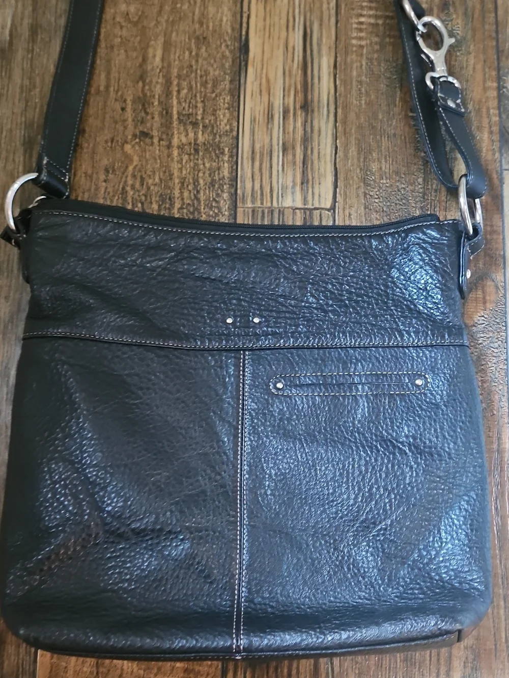 Stone Mountain Black Pebbled Leather Hobo Crossbody Bag with Dual Front‎ Pockets